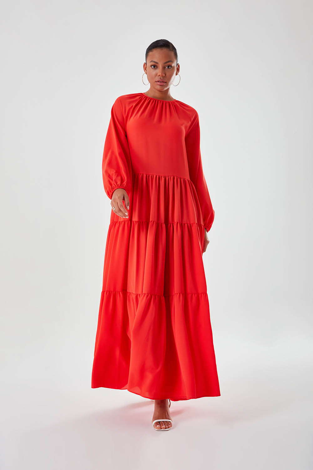 فستان أحمر-برتقالي طويل بقصة مريحة