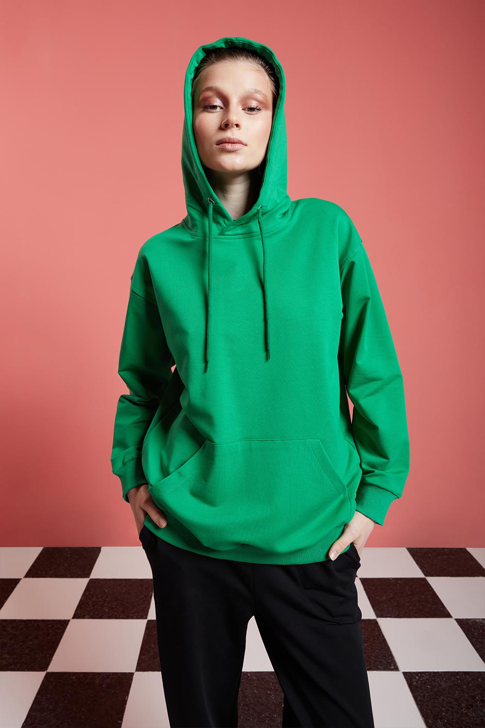 Basic Kapüşonlu Yeşil Sweatshirt