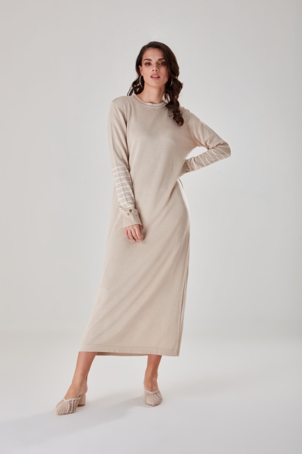 Mizalle - Beige Knitwear Dress With Stripe Sleeves Patterned