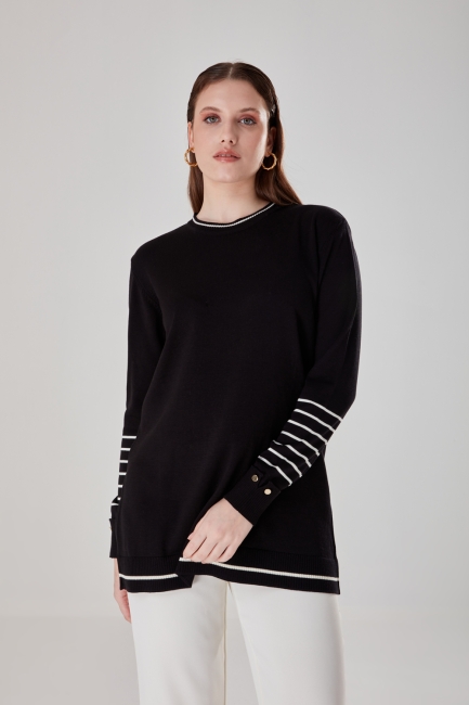 Mizalle - Black Knitwear Tunic with Stripe Sleeves Patterned