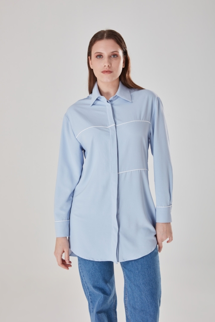 Mizalle - Biye Detaylı Mavi Gömlek Tunik