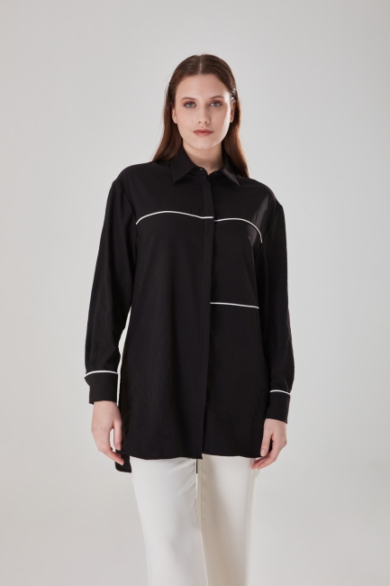 Mizalle - Biye Detaylı Siyah Gömlek Tunik