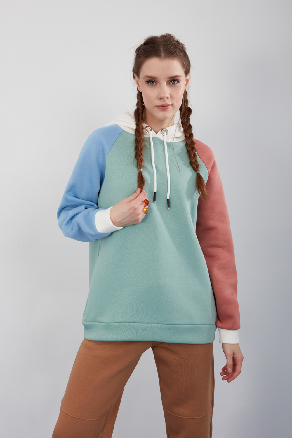 Blok Renkli Kapüşonlu Mint Sweatshirt