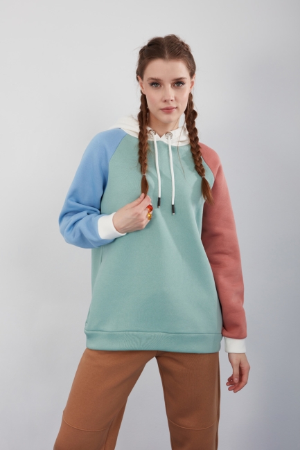 Mizalle - Blok Renkli Kapüşonlu Mint Sweatshirt