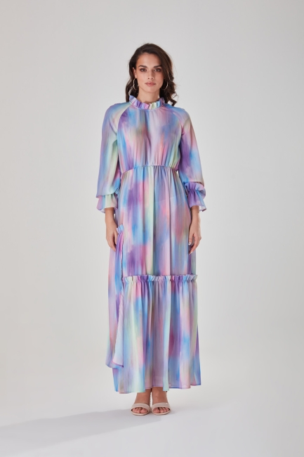 Mizalle - Büzgü Detaylı Renkli Uzun Elbise