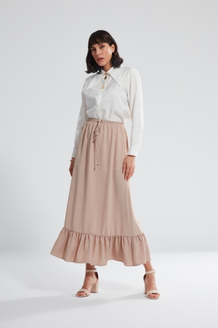 Mizalle - Pleated Beige Long Skirt