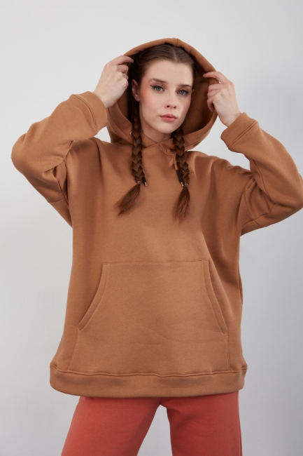 Mizalle - Cepli Camel Kışlık Kapüşonlu Sweatshirt