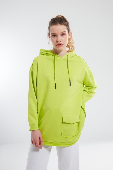 Mizalle - Cepli Üç İplik Neon Yeşil Sweatshirt