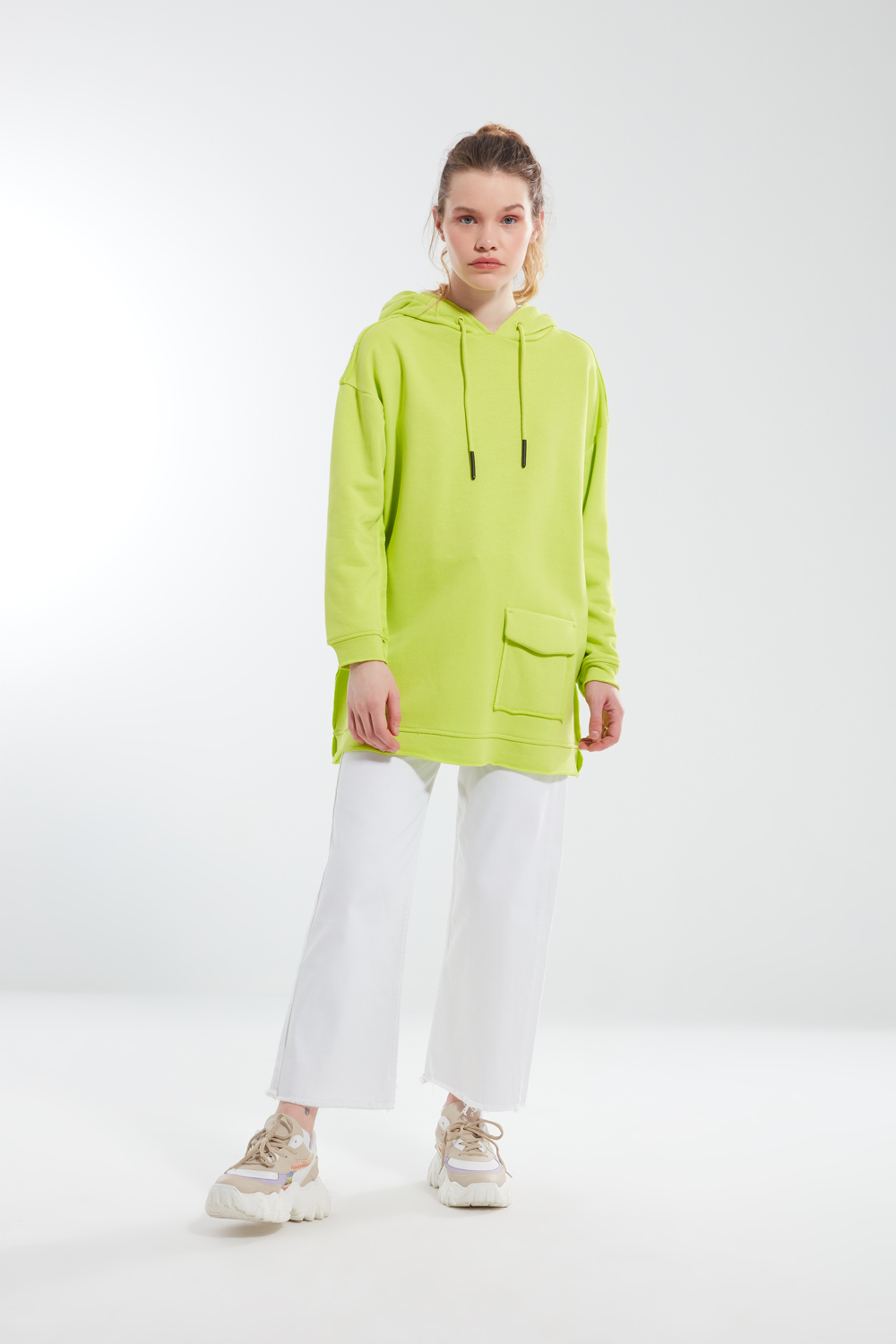 Cepli Üç İplik Neon Yeşil Sweatshirt