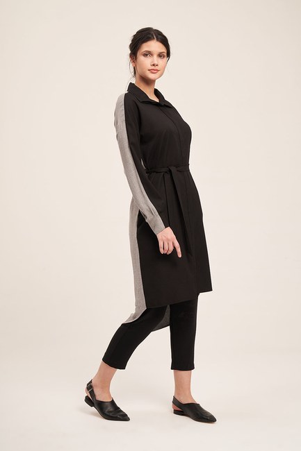 Mizalle - Çift Renkli Gri-Siyah Tunik Elbise