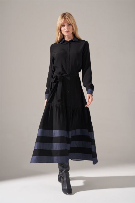 Mizalle - Denim Detaylı Gömlek Elbise (Siyah)