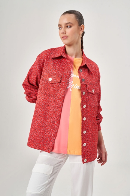 Mizalle - Desenli Çıtçıtlı Kırmızı Ceket