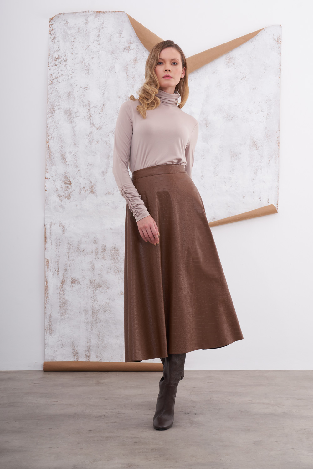 Artificial Leather Tan Flared Skirt