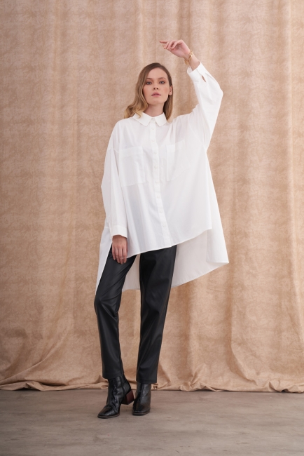 Mizalle - Asymmetric Cut White Oversize Shirt