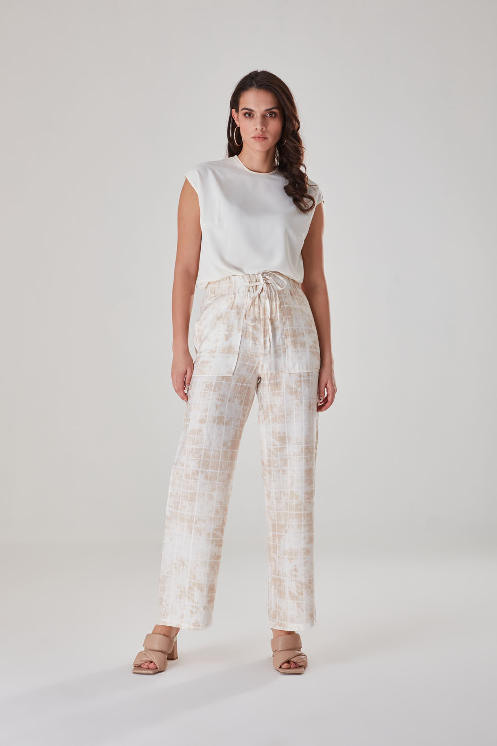 Beige Batik Patterned Checkered Trousers