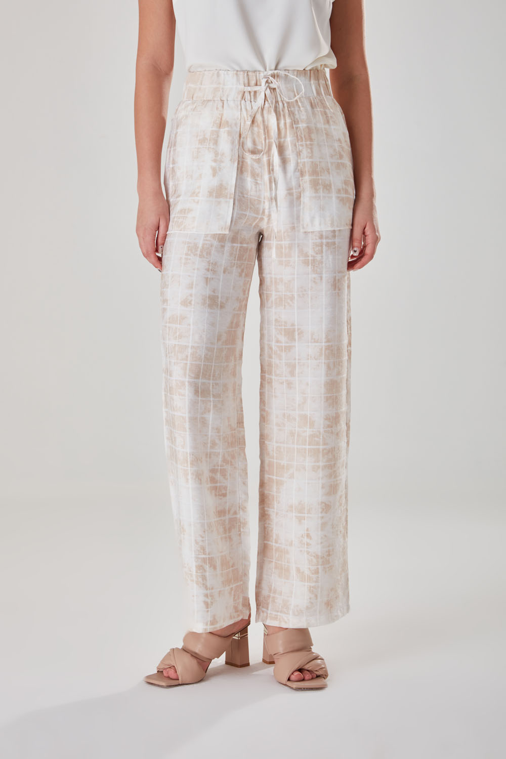 Beige Batik Patterned Checkered Trousers
