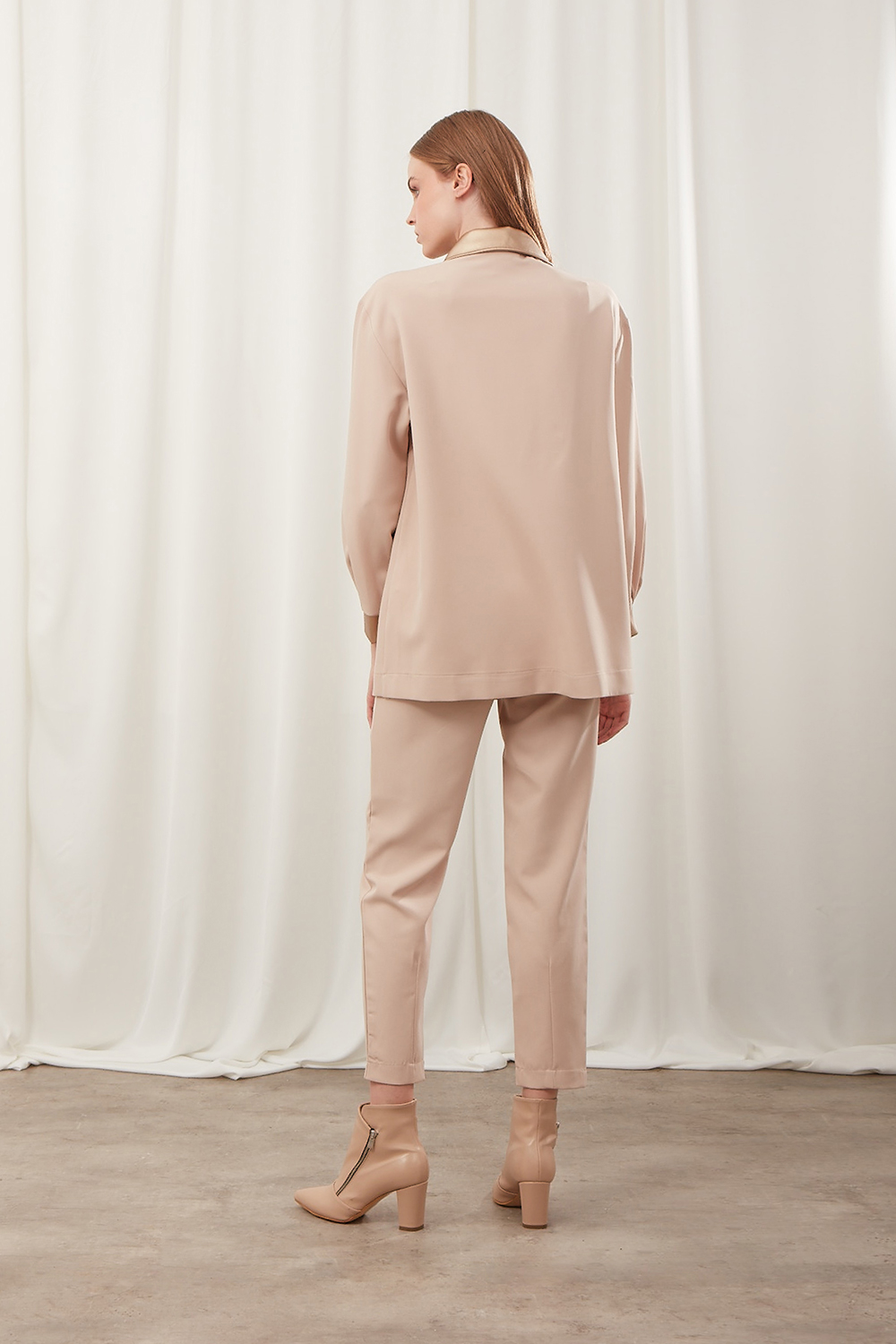 Beige Crepe Carrot Trousers