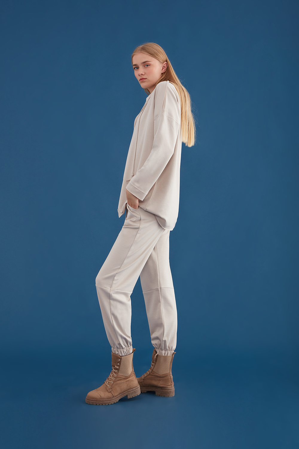 Beige Jogger Trousers with Elastic Hems