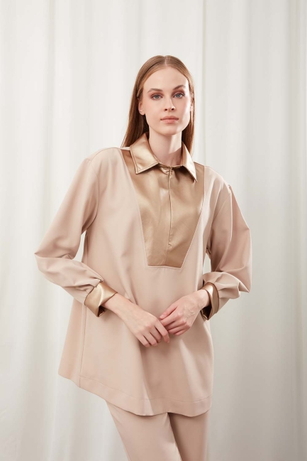 Mizalle - Beige Tunic with Faux Leather Details