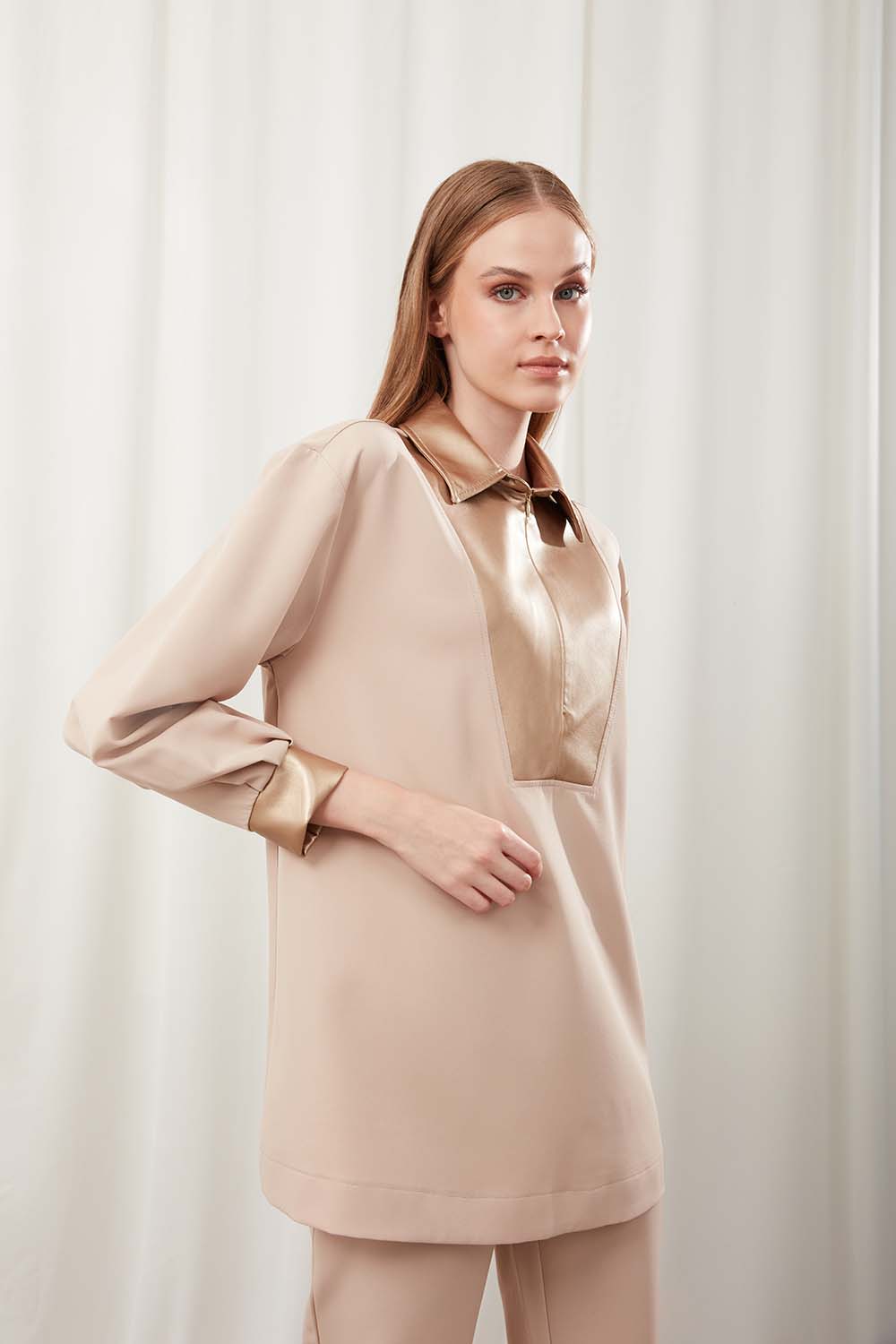 Beige Tunic with Faux Leather Details