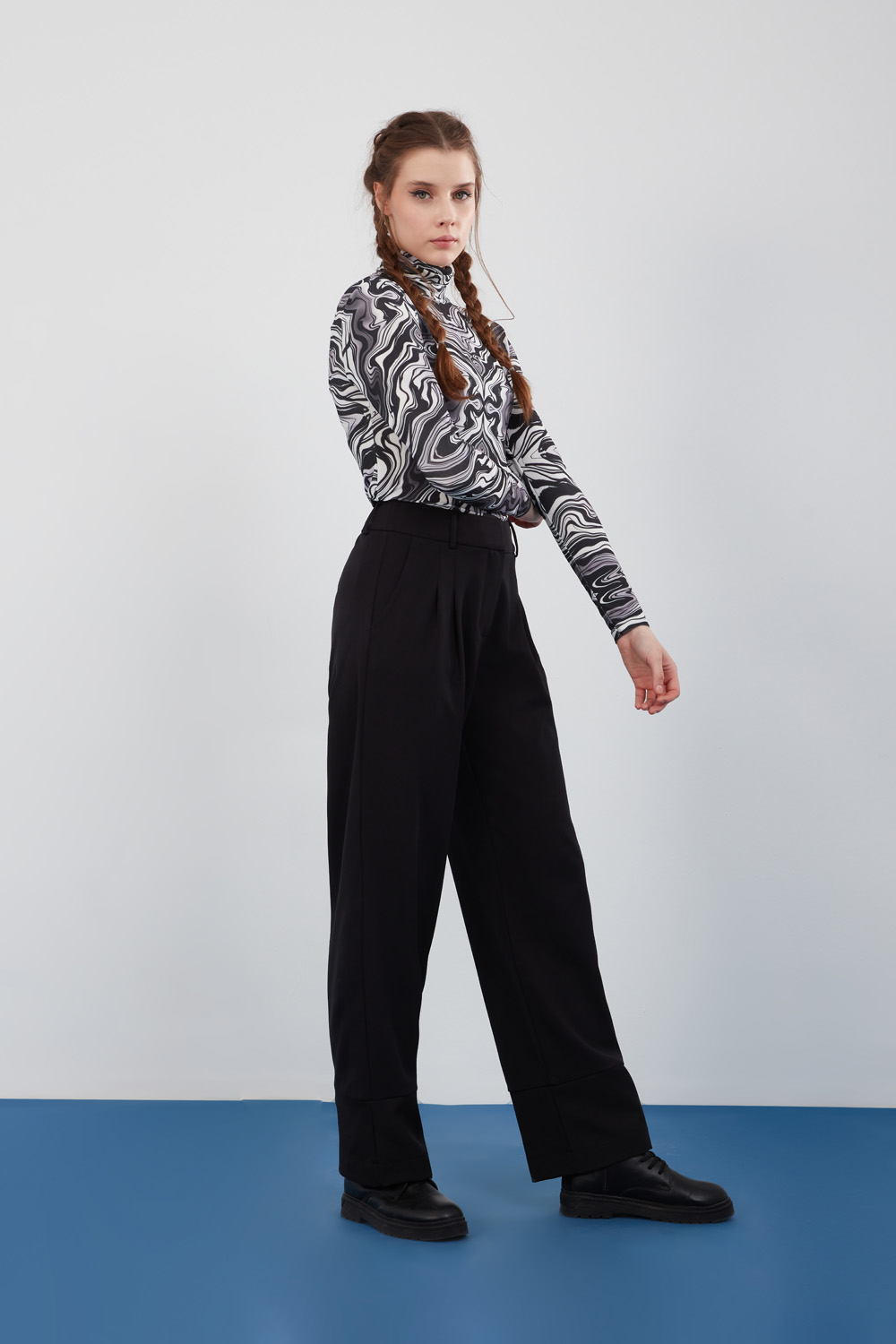 Black Boot Cut Trousers with Pleated Details