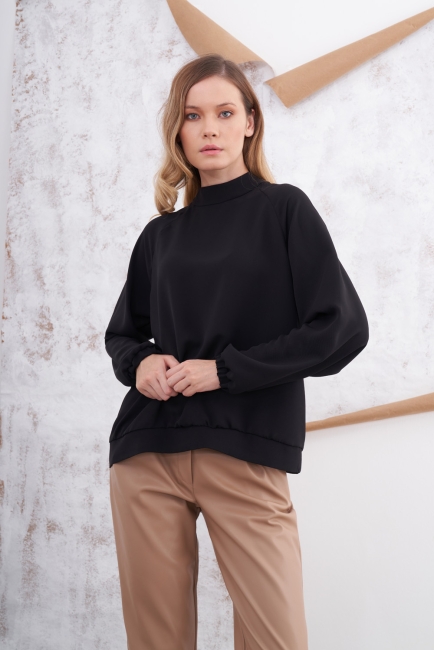 Mizalle - Black High Neck Blouse with Shirred Sleeves