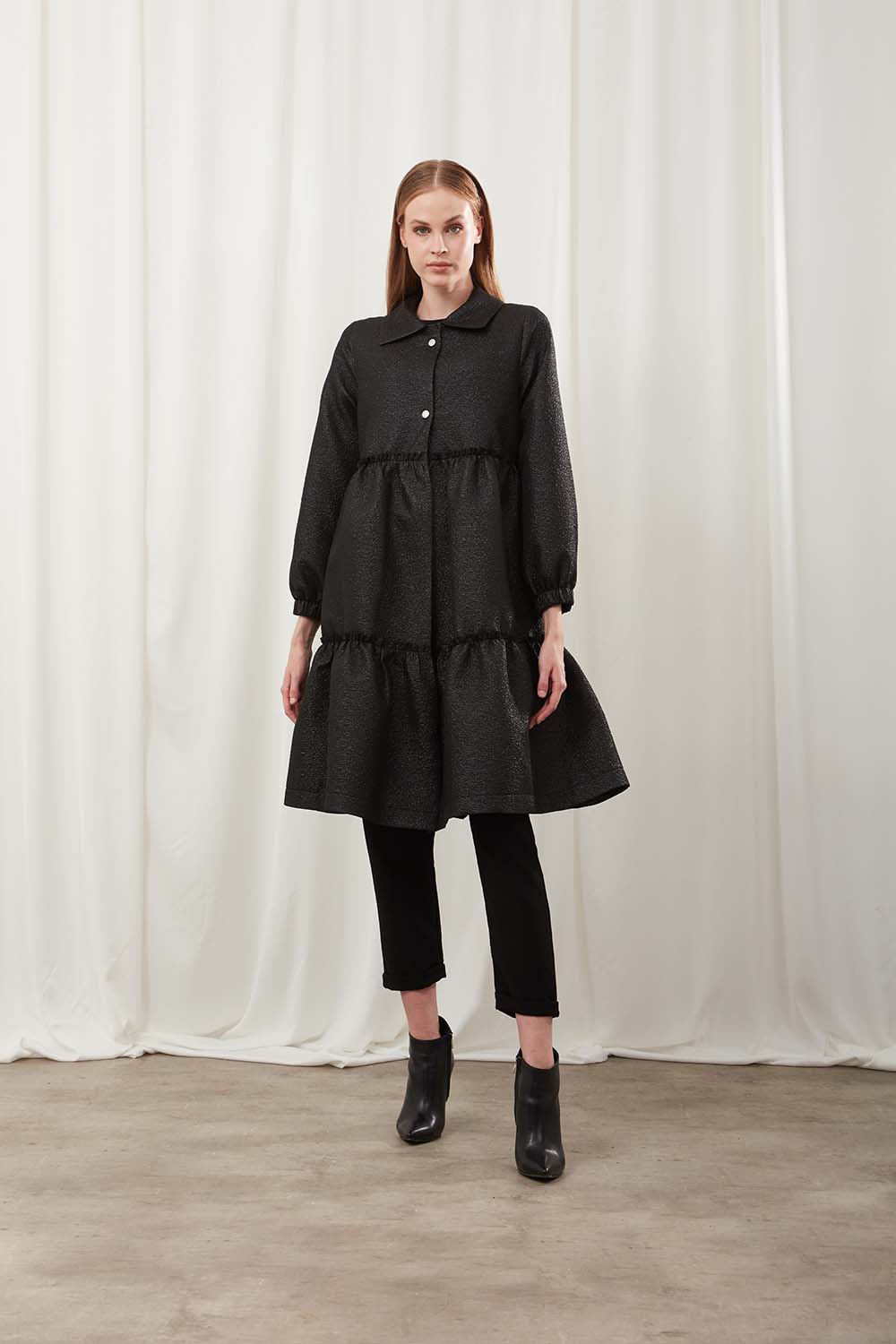 Black Jacquard Cape with Buttoned Collar