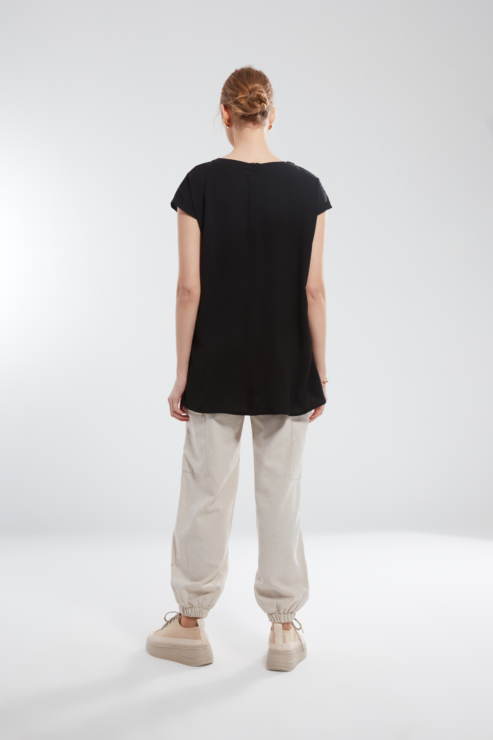 Black Short Sleeve Blouse with Pleated Sides