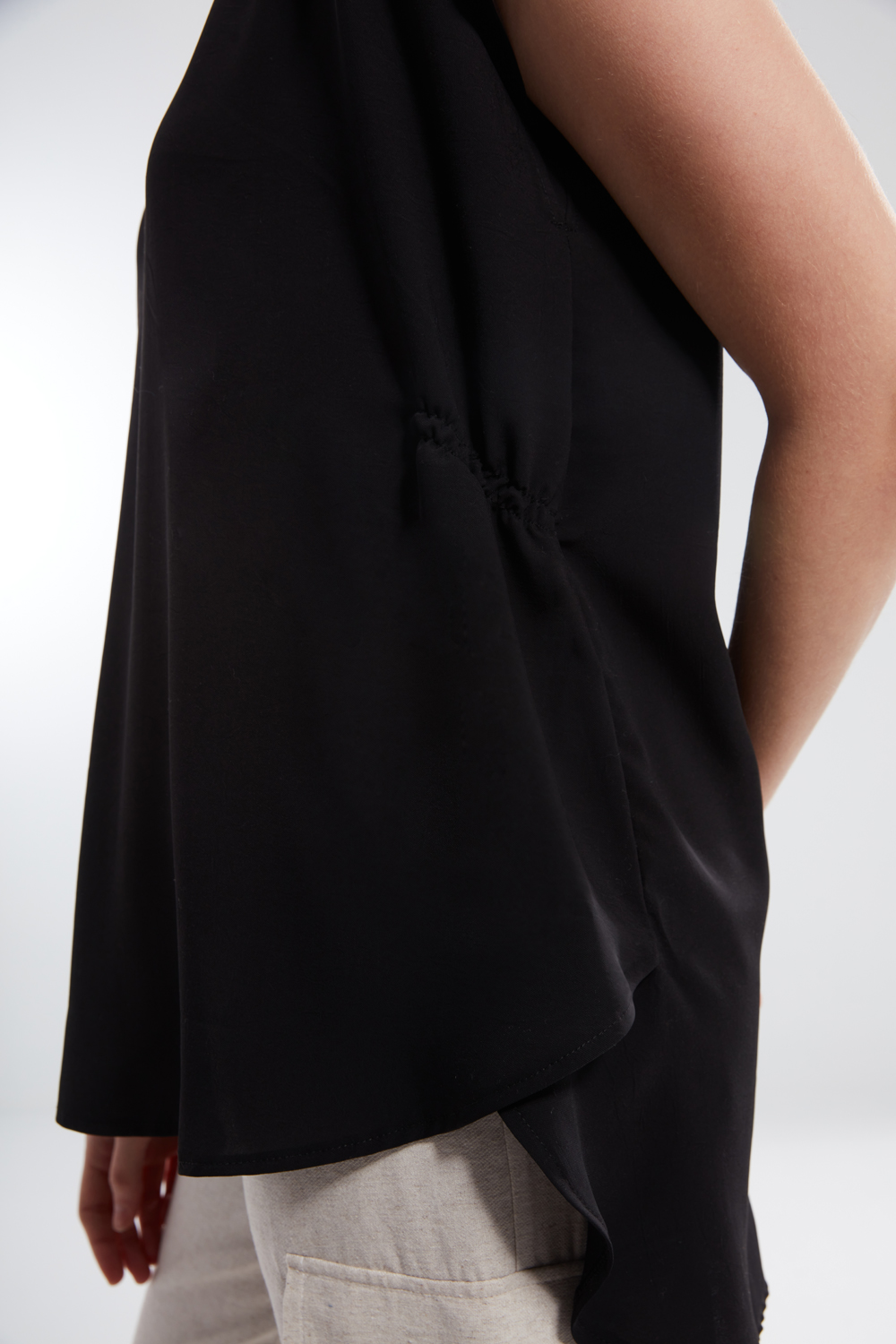 Black Short Sleeve Blouse with Pleated Sides
