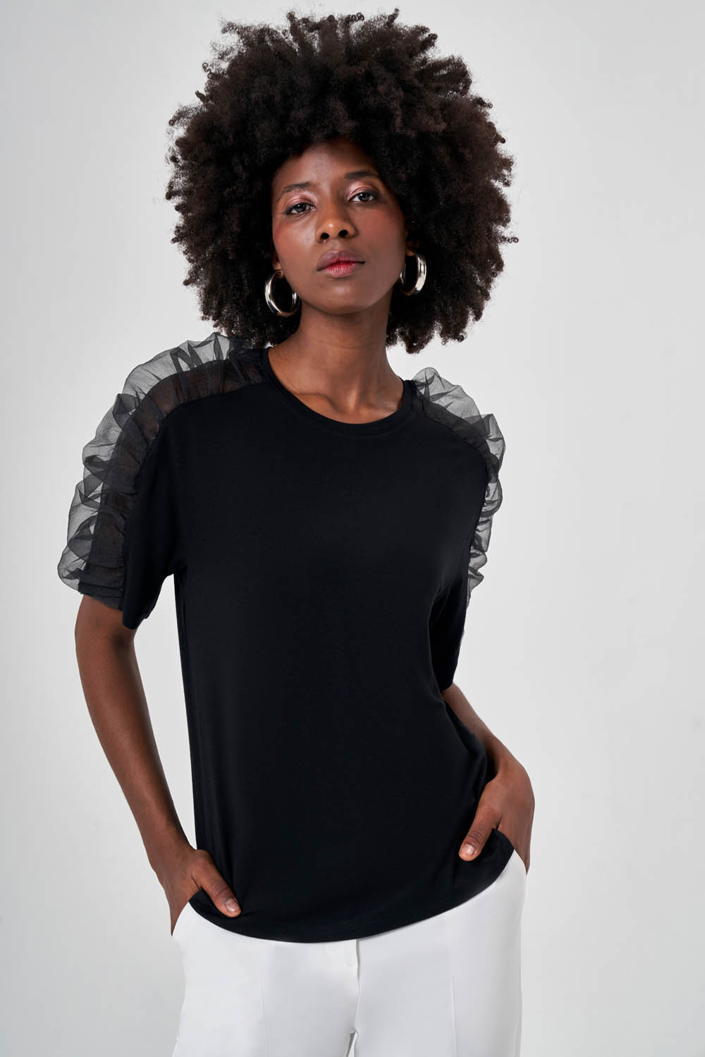 Black T-Shirt with Pleated Sleeves