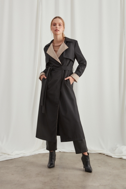 Mizalle - Black Trenchcoat with Colored Collars