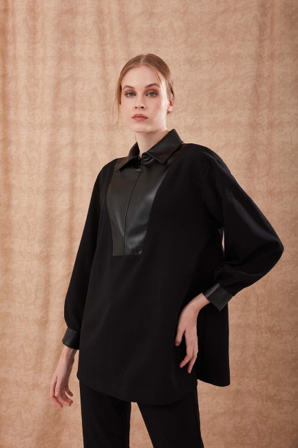 Mizalle - Black Tunic with Faux Leather Details