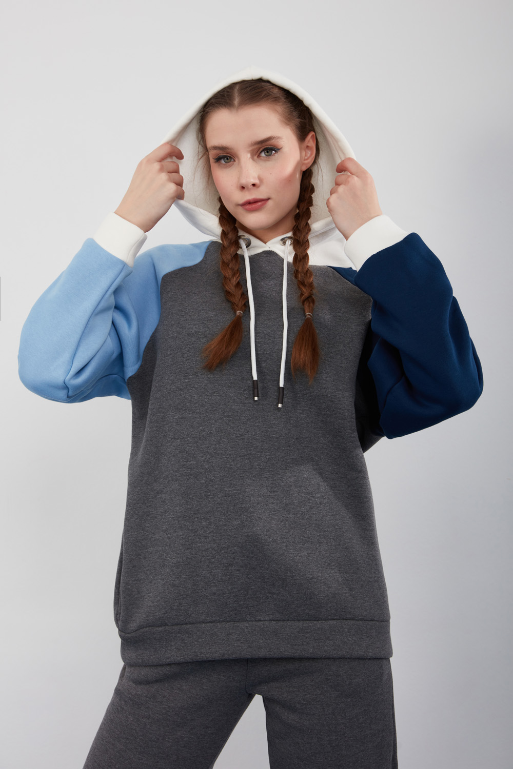 Block Colored Anthracite Hooded Sweatshirt