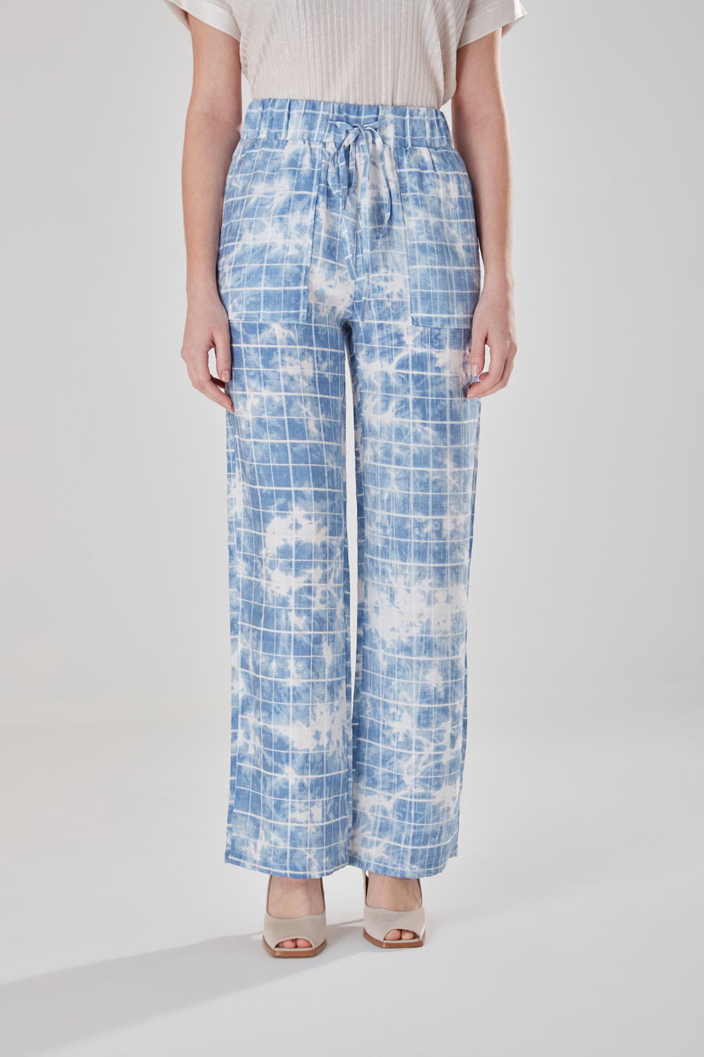 Blue Batik Patterned Checkered Trousers