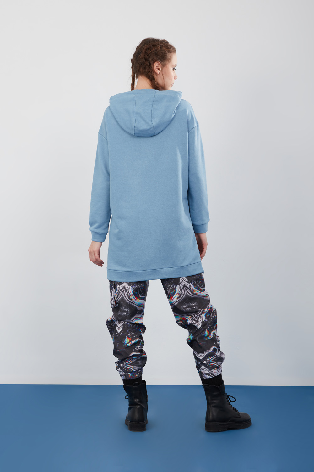 Blue Hooded Sweatshirt with Side Buttons