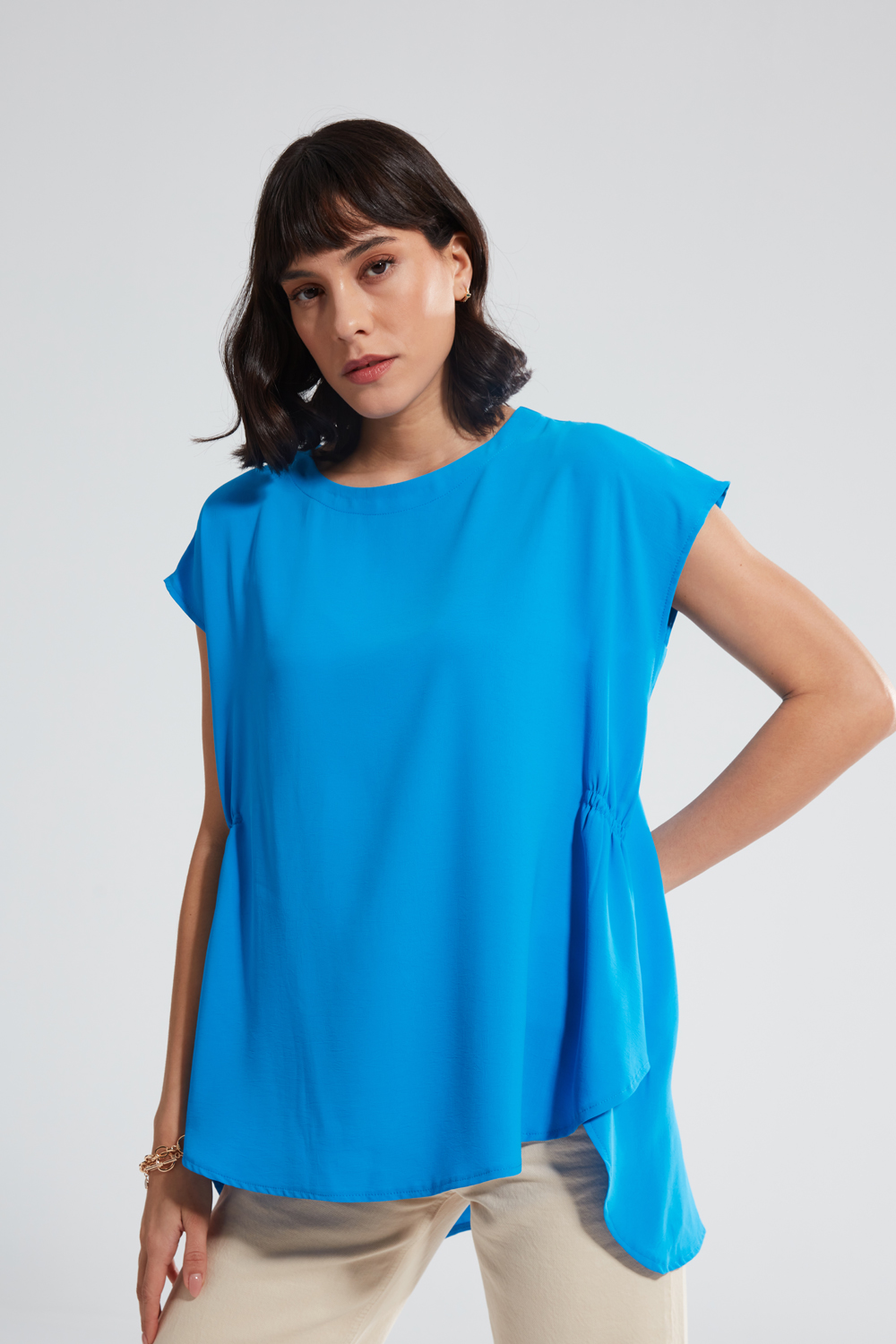 Blue Short Sleeve Blouse with Pleated Sides