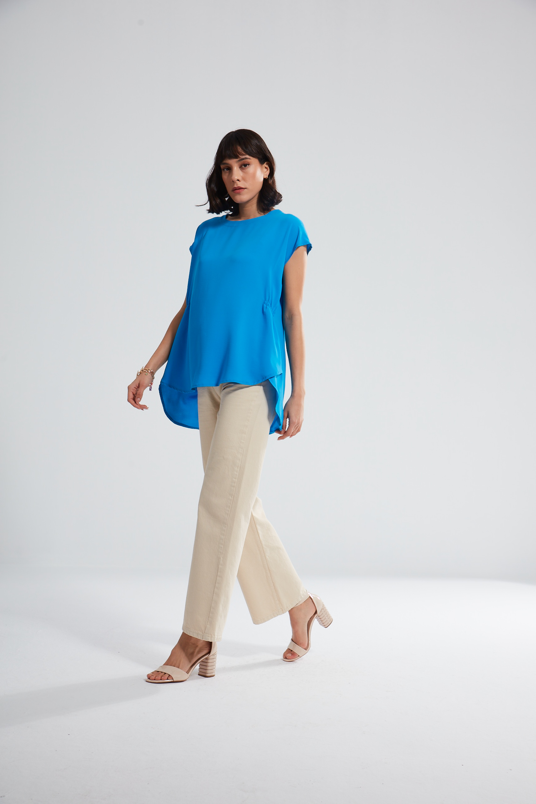 Blue Short Sleeve Blouse with Pleated Sides