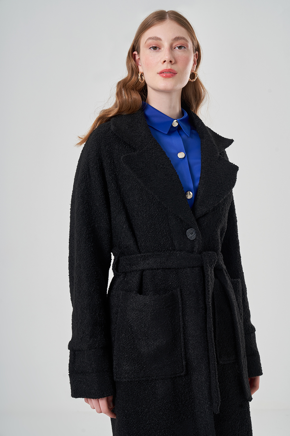 Boucle Textured Black Overcoat