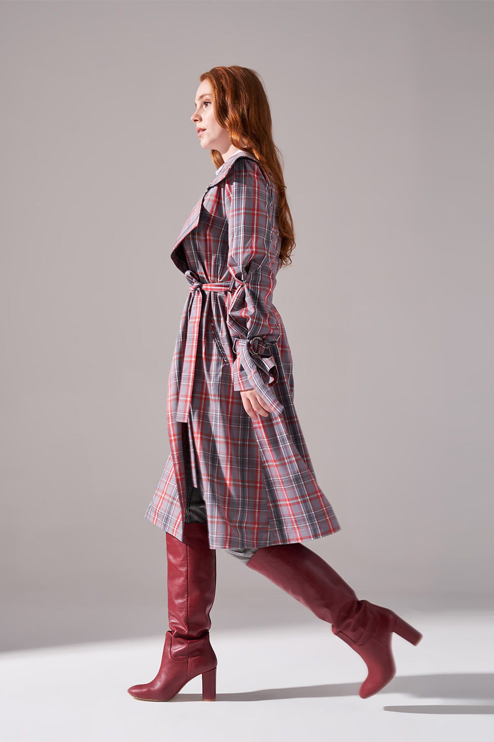Buckle Detailed Plaid Trenchcoat (Coral)