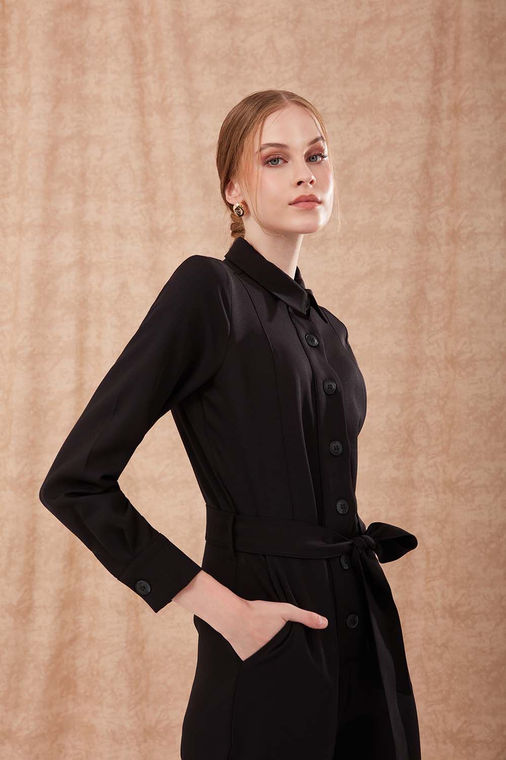 Buttoned Black Jumpsuit with Shirt Collar