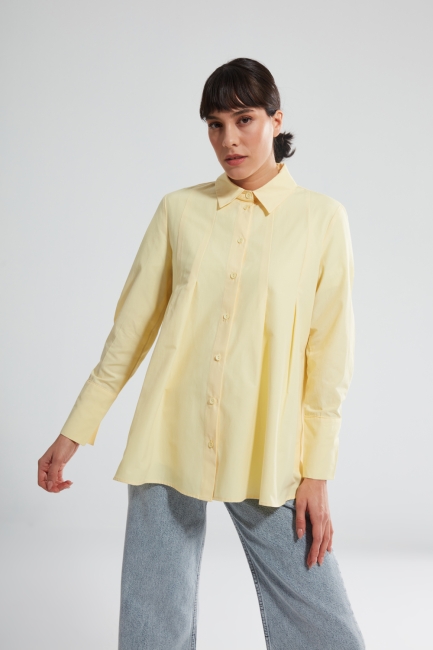 Mizalle - Classic Collar Yellow Pleated Shirt