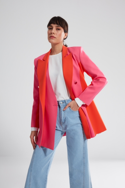 Mizalle - Colour Block Fuchsia Blazer Jacket