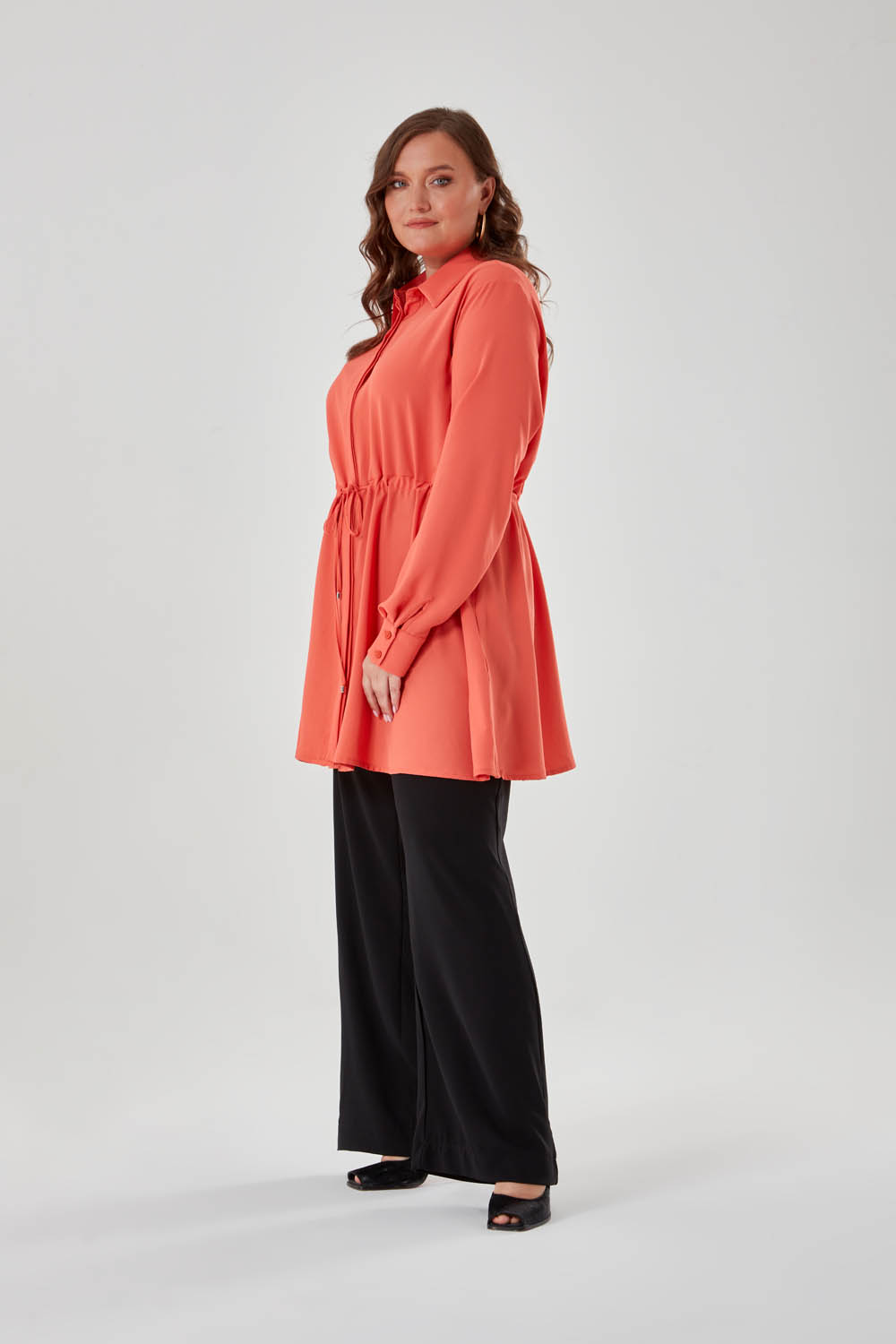 Concealed Plaid Pleated Waist Coral Shirt Tunic