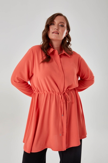 Mizalle - Concealed Plaid Pleated Waist Coral Shirt Tunic