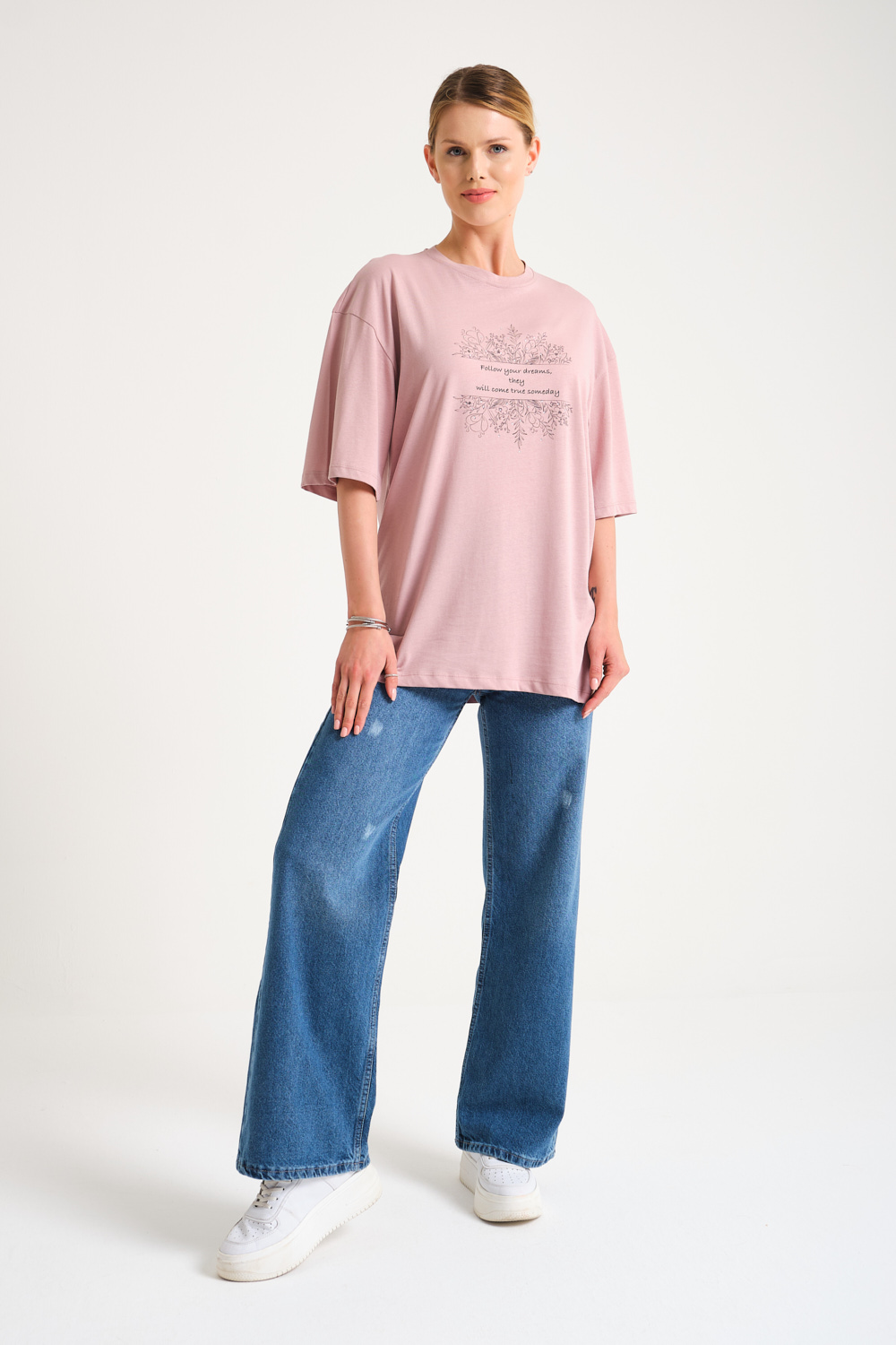 Crew Neck Crystal Printed Dusty Rose T-Shirt