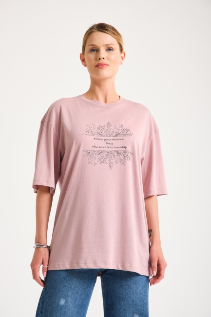 Mizalle - Crew Neck Crystal Printed Dusty Rose T-Shirt