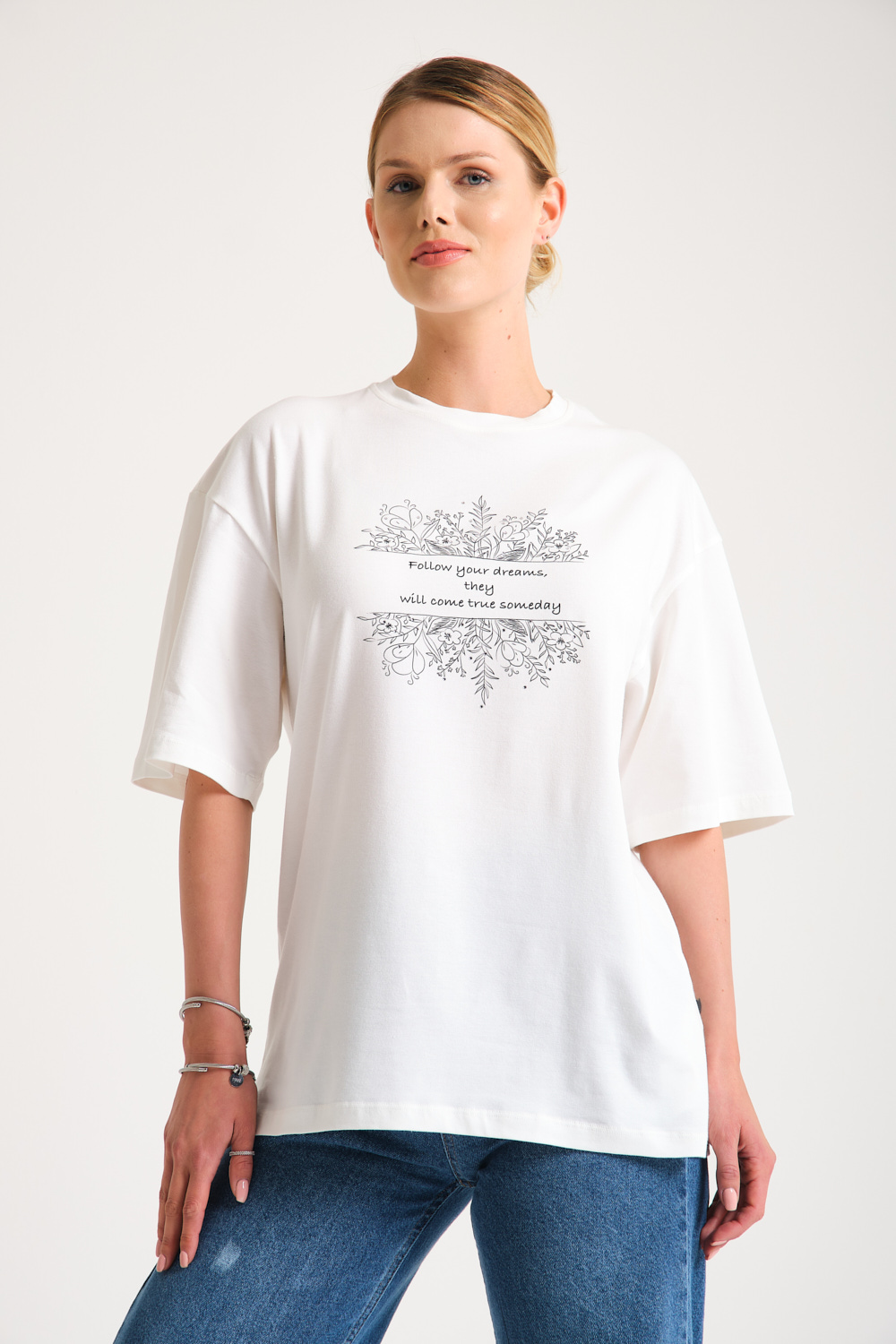 Crew Neck Crystal Printed White T-Shirt