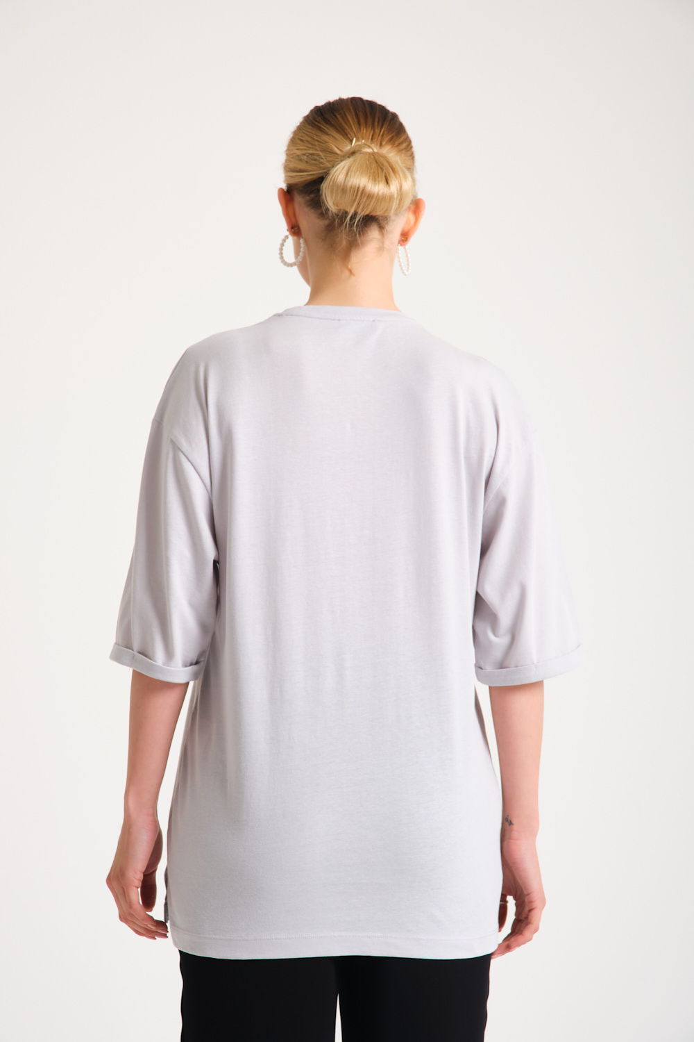 Crew Neck Front Pearl Detailed Gray T-Shirt