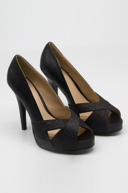 Mizalle - Cross Band Heeled Shoes (Glitter Black)