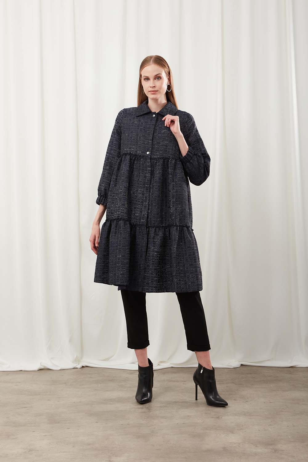Dark Blue Jacquard Cape with Buttoned Collar